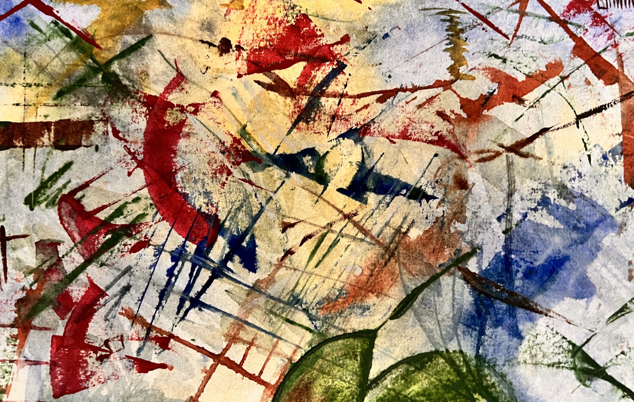 Energetic abstract watercolor of strokes crossing in every direction in red, blue, green and ochre